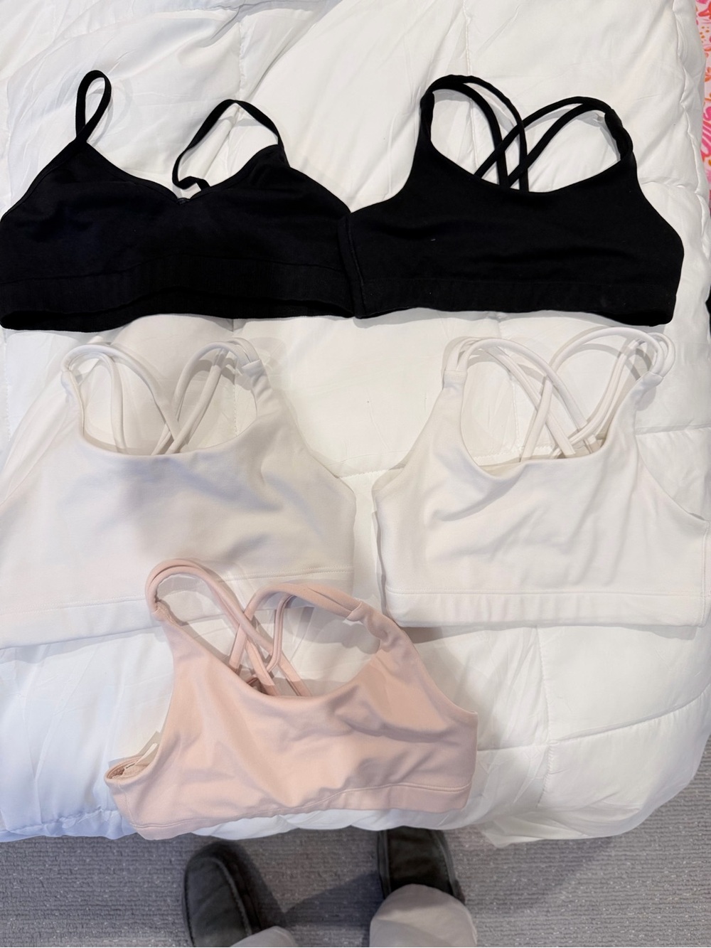 Lot of 5 girls Athleta and target brand Sports Bras - Black, White & Blush